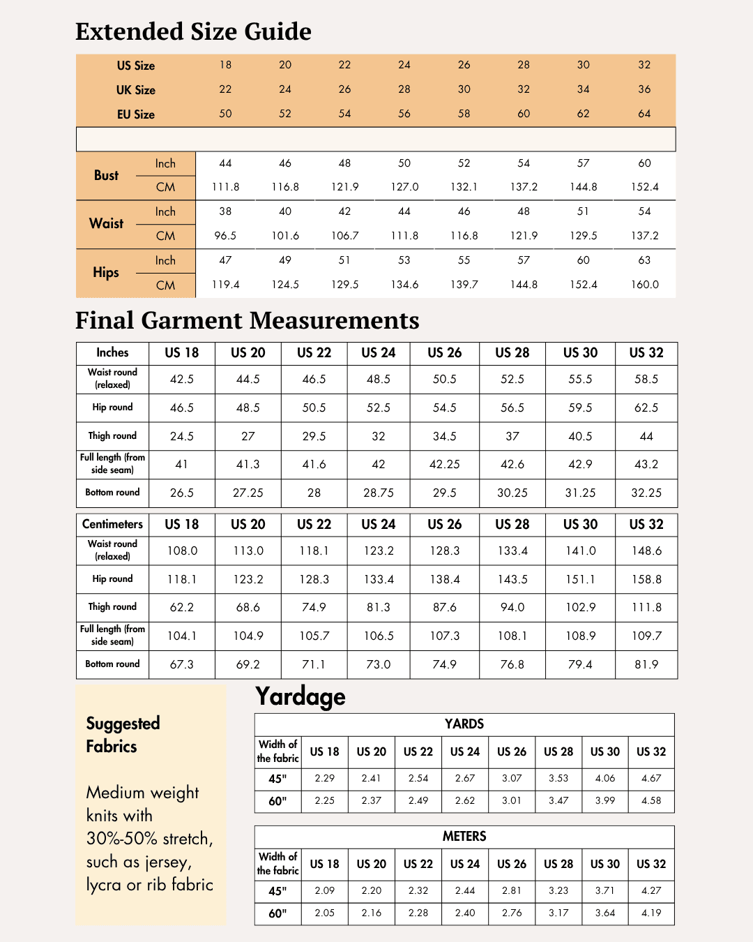 Extended size chart for women's flared trousers 'Brook' sewing pattern