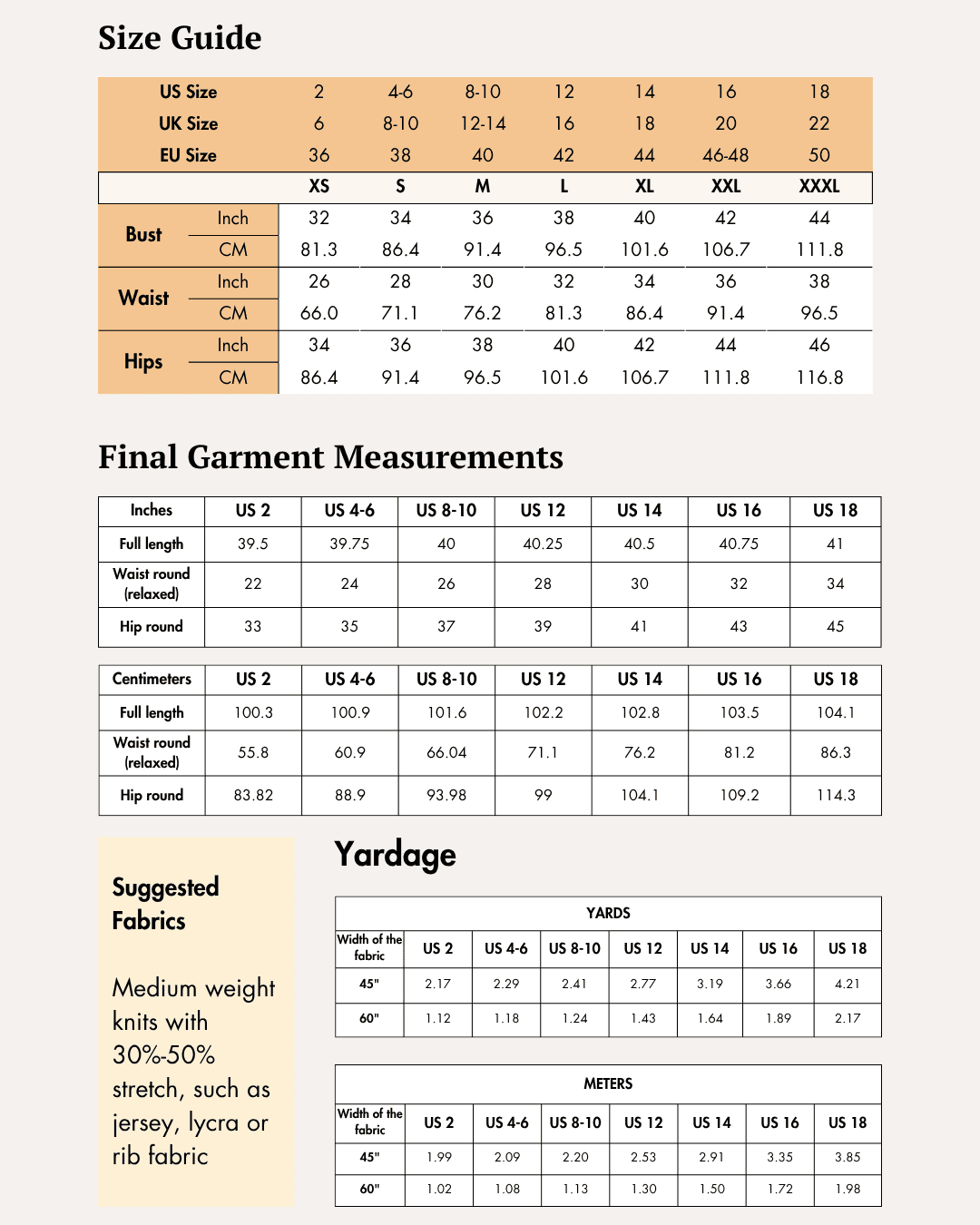 Size guide for women's flared pants 'Brook' sewing pattern with measurements