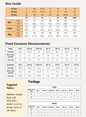 Size guide for women's flared pants 'Brook' sewing pattern with measurements