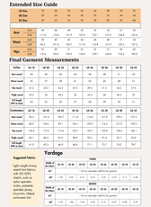 Extended size guide for sewing pattern with bust, waist, and hip measurements
