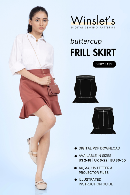 Frill Skirt Sewing Pattern 'Buttercup' by Winslet's, beginner-friendly digital PDF pattern. Available in US 2-18, UK 6-22, EU 36-50 with A0, A4, Letter, and projector files.