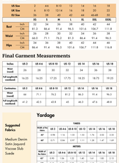 Size guide and fabric recommendations for the 'Buttercup' frill skirt sewing pattern. Includes US, UK, and EU sizes with yardage requirements.