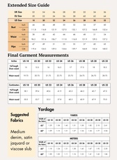 Extended size guide and fabric yardage for the 'Buttercup' skirt sewing pattern