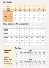 Size guide and measurements for the 'Buttercup' mini skirt sewing pattern