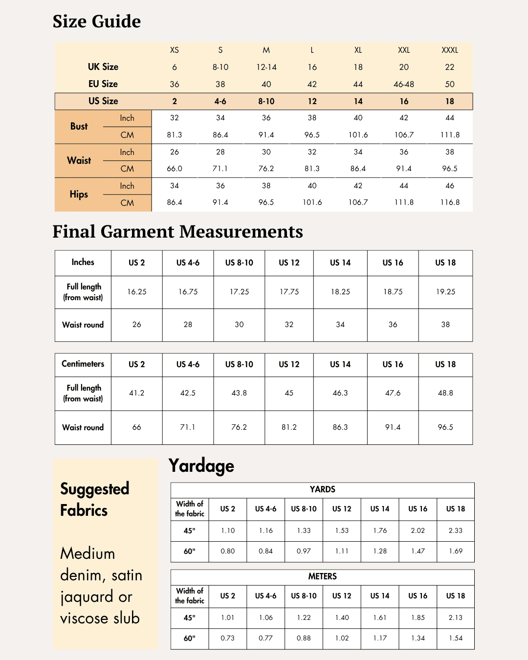 Size guide and measurements for the 'Buttercup' mini skirt sewing pattern