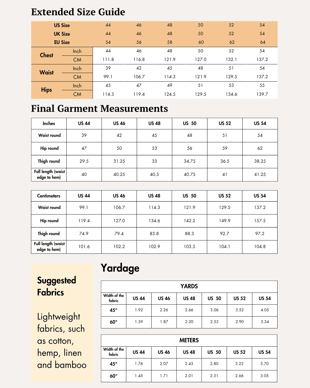 Extended size chart for men's trousers sewing pattern Caleb