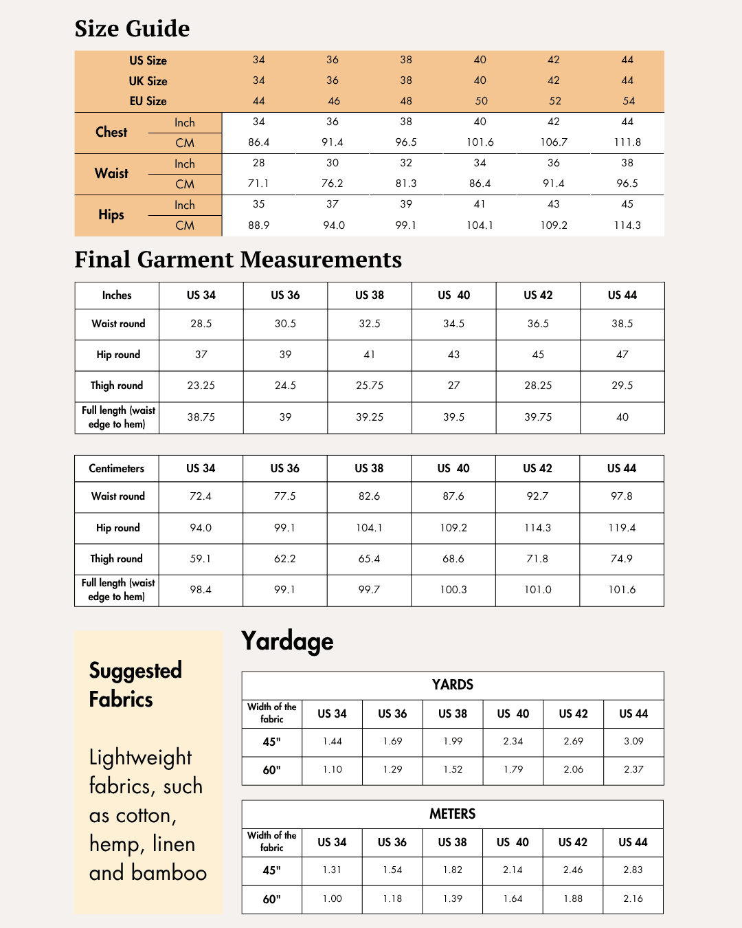 Size guide for men's formal trousers sewing pattern Caleb