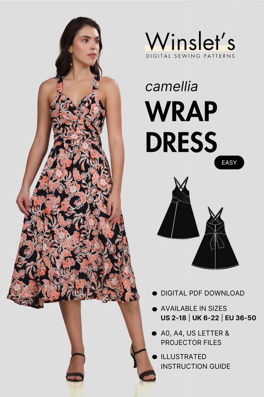 Wrap dress sewing pattern 'Camellia' by Winslet's, featuring a sweetheart neckline, cross-back straps, and a flared skirt. Available in digital formats A0, A4, Letter, and Projector files.