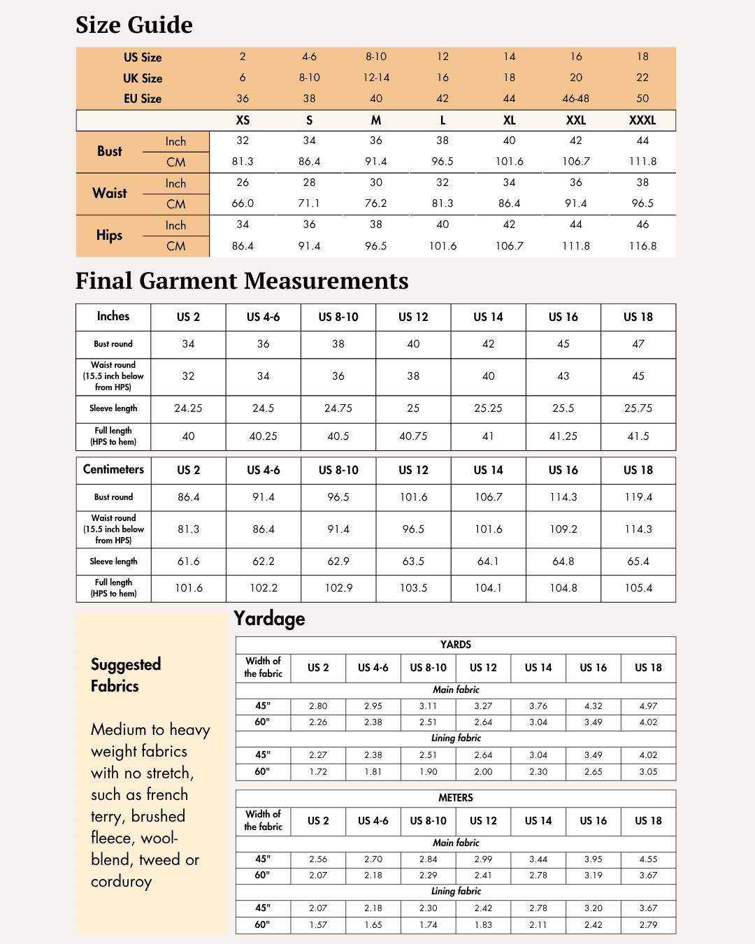 Size guide and measurement charts for women's blazer sewing pattern