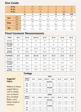 Size guide and measurement charts for women's blazer sewing pattern