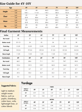 Size guide for 4Y-10Y with measurements in inches and centimeters, including bust, waist, hip, and dress length for kids' sewing pattern