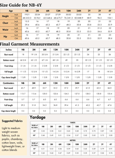 Size guide for NB-4Y with measurements in inches and centimeters, including height, chest, waist, and hip for children's dress pattern