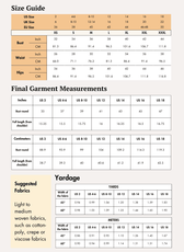 Size guide for women's cropped shirt sewing pattern with measurements