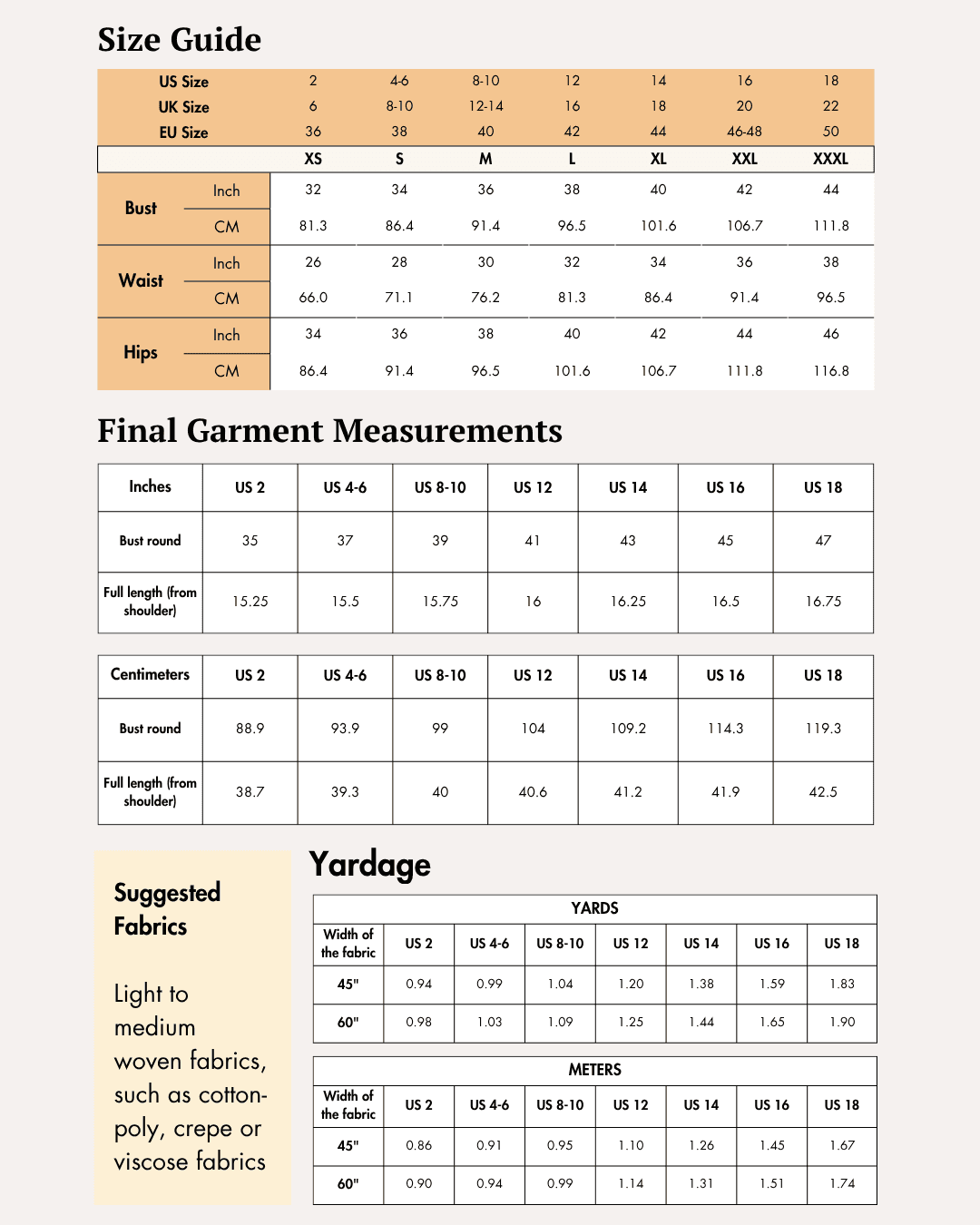 Size guide for women's cropped shirt sewing pattern with measurements