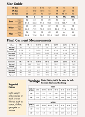 Size guide and measurement chart for women's sheath dress sewing pattern