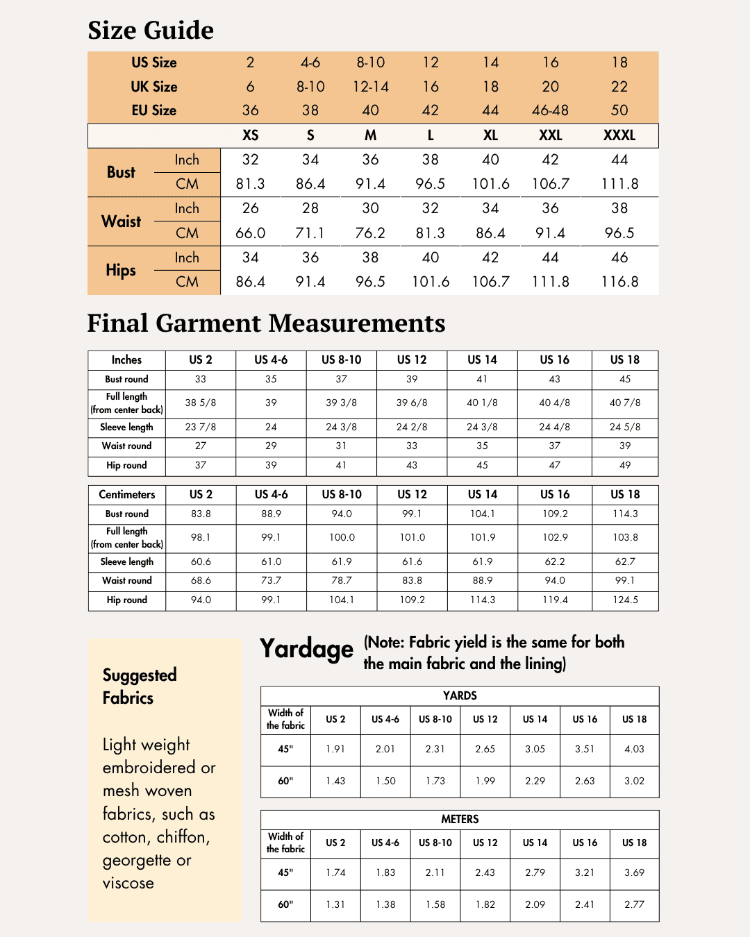 Size guide and measurement chart for women's sheath dress sewing pattern