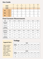 Size Guide for 'Charli' women's joggers sewing pattern, including PDF features and instructions