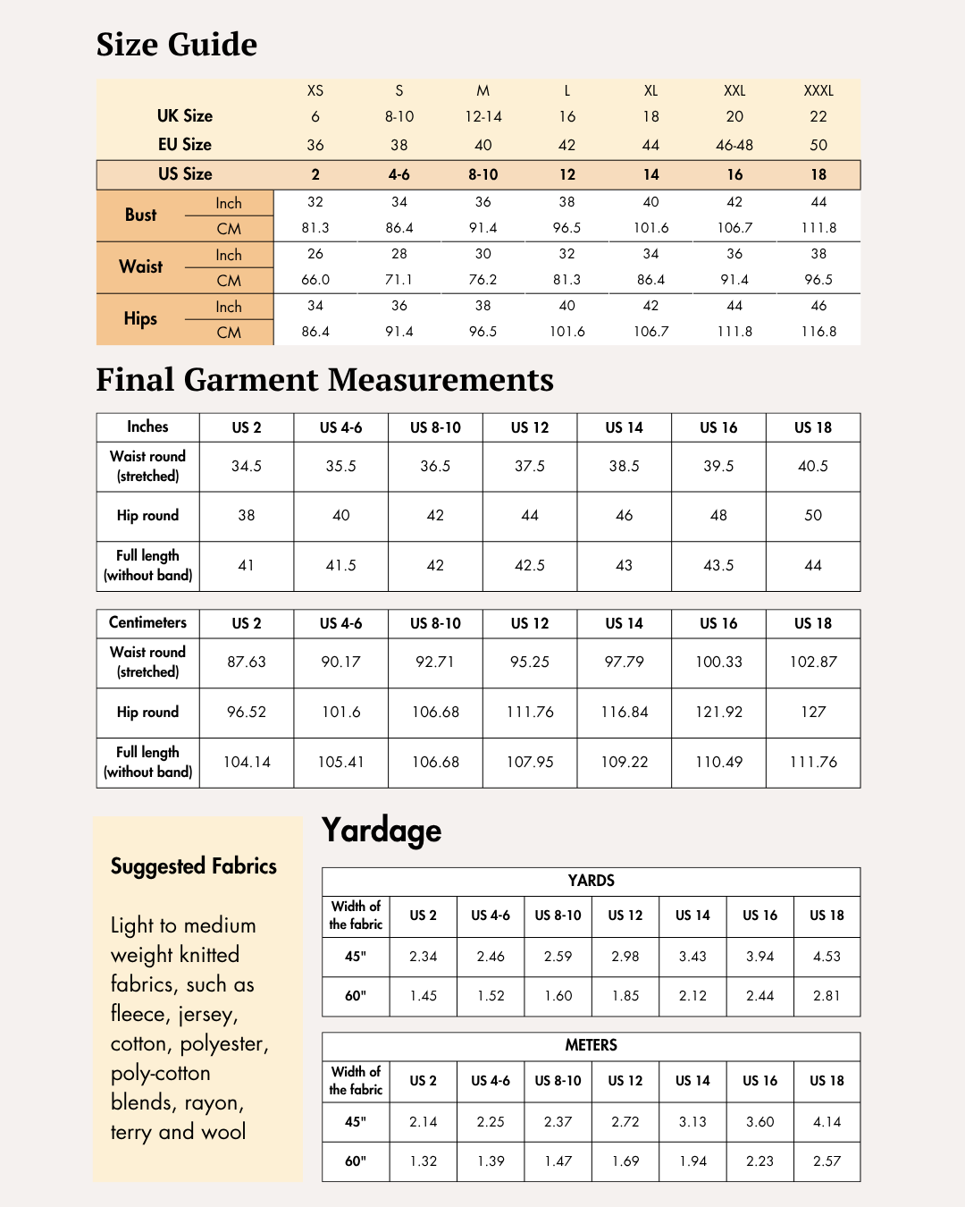 Size Guide for 'Charli' women's joggers sewing pattern, including PDF features and instructions