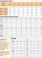 Extended Size guide chart for women's tiered dress sewing pattern with measurements