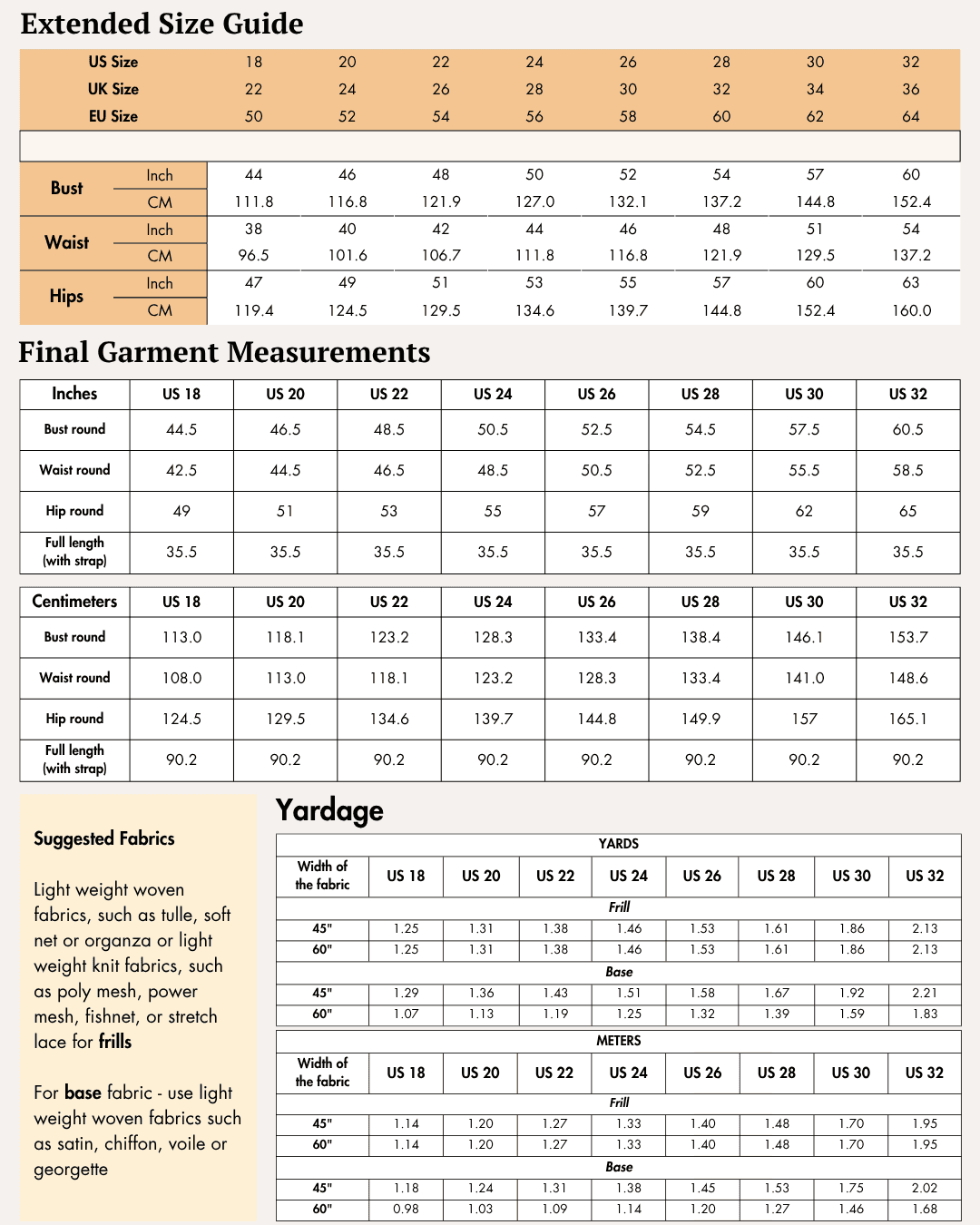Extended Size guide chart for women's tiered dress sewing pattern with measurements