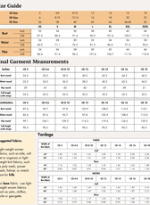 Size guide chart for women's tiered dress sewing pattern with measurements