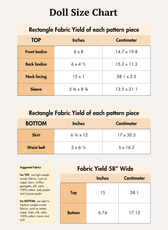 Doll clothing fabric yield and pattern pieces chart