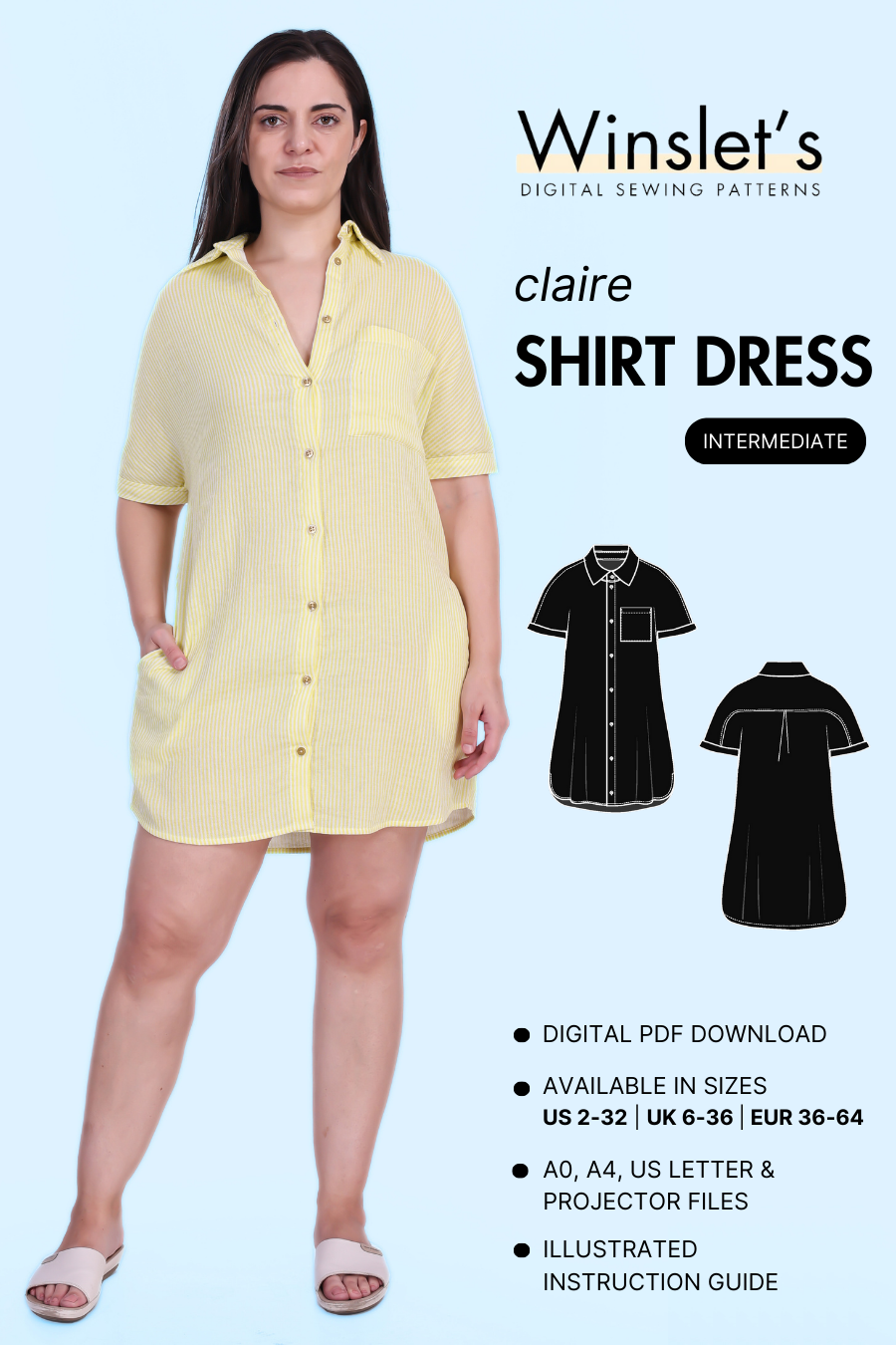 Claire Shirt Dress Sewing Pattern - Digital PDF download with button-down front, short sleeves, and pocket. Available in multiple sizes.