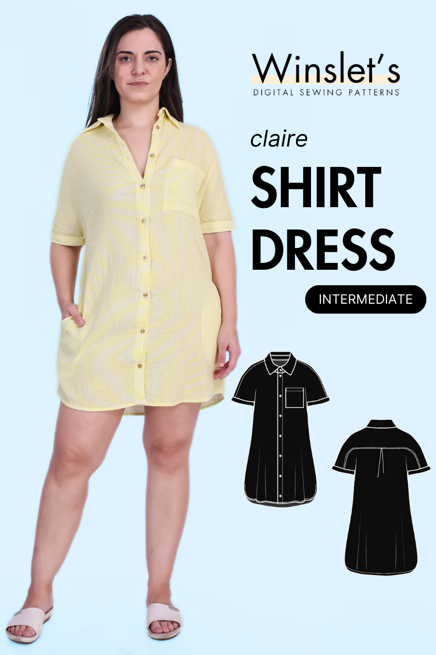 Short sleeves shirt dress PDF sewing pattern 'Claire' with collar, button-down front, chest and side pockets, shown with technical sketches.
