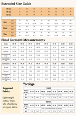 Extended size guide for Claire Shirt Dress Sewing Pattern with fabric yardage recommendations for different sizes and materials.