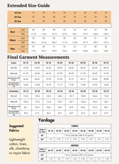 Extended size guide with measurements for sewing pattern 'Claire' dress