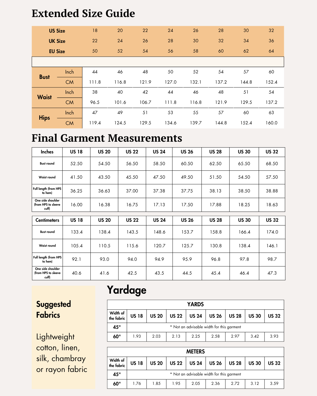 Extended size guide with measurements for sewing pattern 'Claire' dress