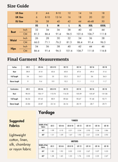 Size guide chart for women's shirt dress sewing pattern 'Claire'