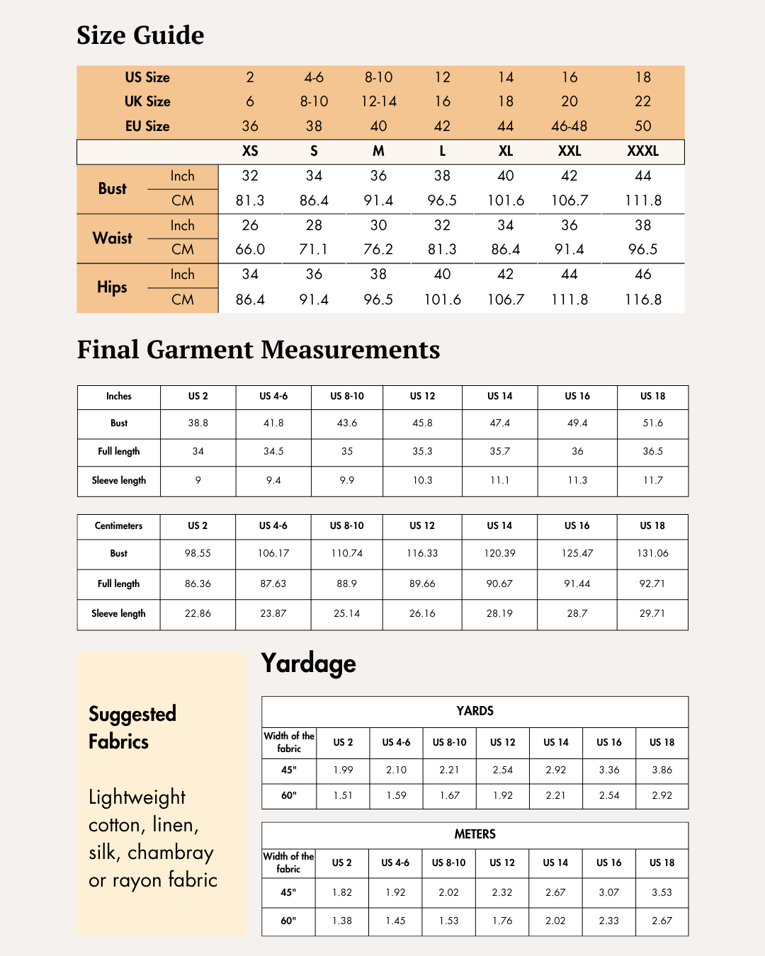 Size guide chart for women's shirt dress sewing pattern 'Claire'