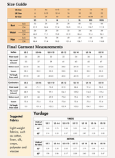 Size and measurement guide for women's sewing pattern, includes bust, waist, hips, and garment measurements