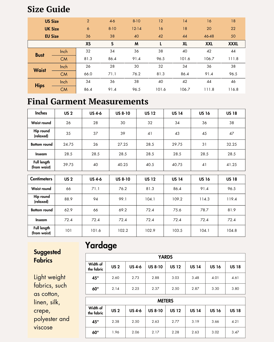 Size and measurement guide for women's sewing pattern, includes bust, waist, hips, and garment measurements