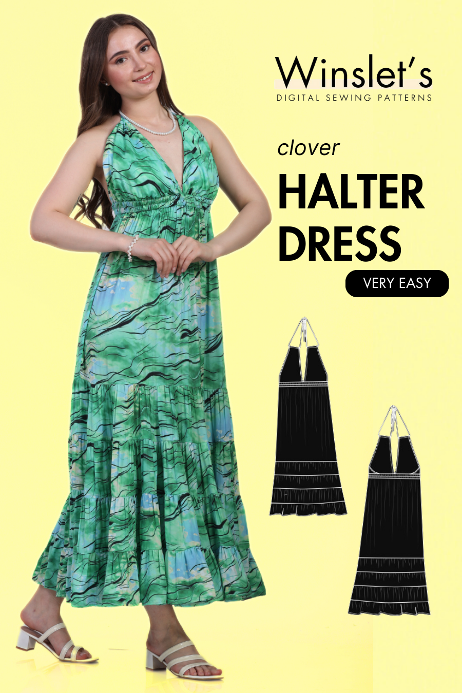 Halter Neck Maxi Dress PDF Women's Sewing Pattern with plunging neckline, tiered gathered skirt, and elastic underbust. Backless woven dress for parties.