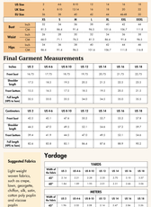 Size guide chart for women's short kaftan sewing pattern 'Cora' with bust, waist, hips measurements
