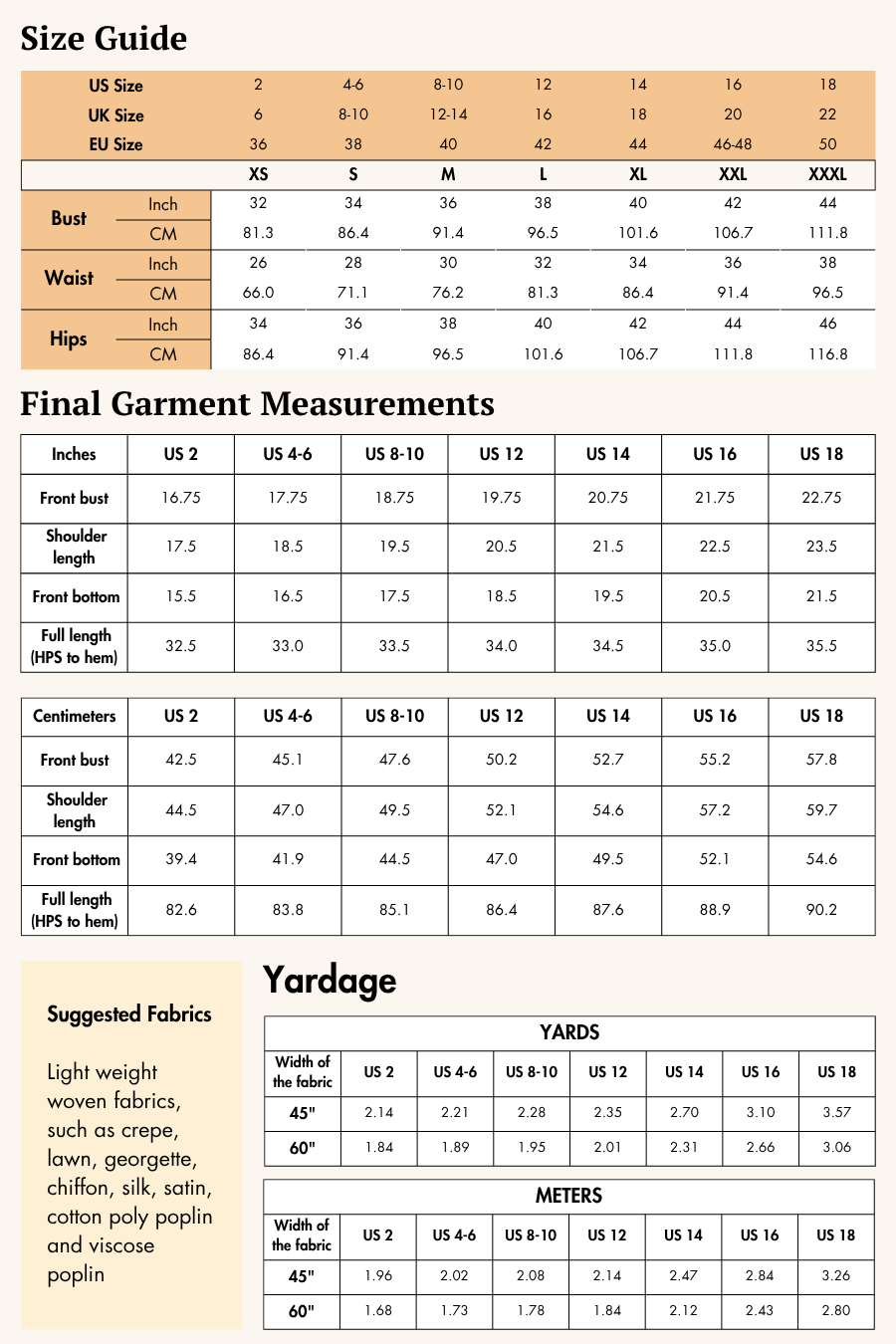 Size guide chart for women's short kaftan sewing pattern 'Cora' with bust, waist, hips measurements