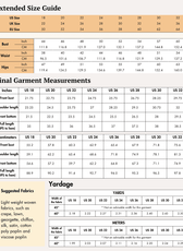 Extended size guide with bust, waist, hips, and garment measurements for sewing pattern