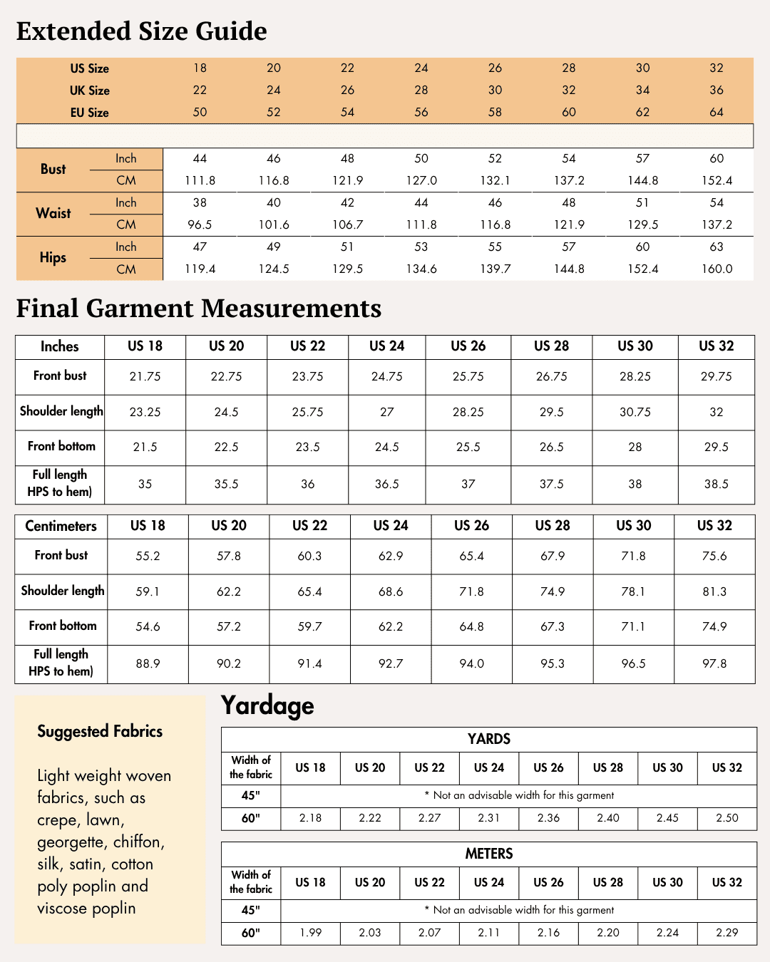 Extended size guide with bust, waist, hips, and garment measurements for sewing pattern