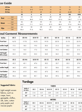 Size guide and measurement charts for women's short kaftan sewing pattern