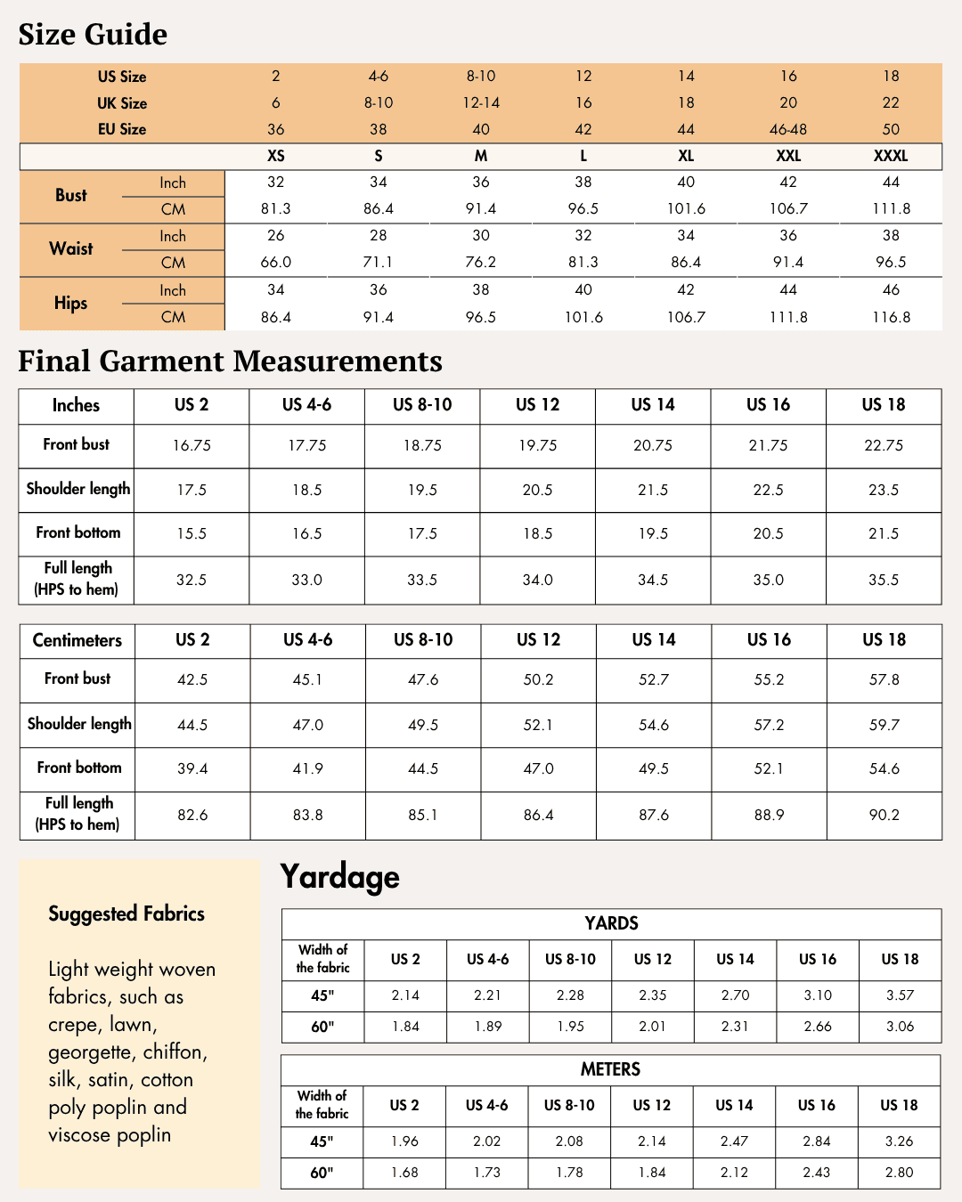 Size guide and measurement charts for women's short kaftan sewing pattern