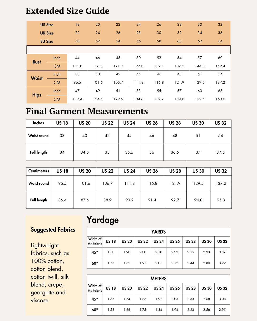 Extended Size guide for slit skirt sewing pattern