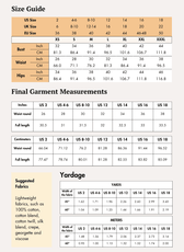 Size guide for slit skirt sewing pattern