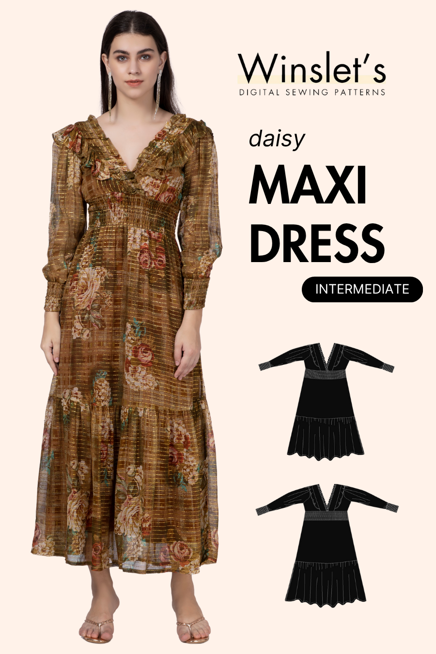 Vintage Maxi Dress PDF Women's Sewing Pattern Long Sleeves V - Main Image