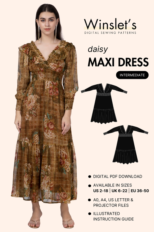 Daisy Maxi Dress Sewing Pattern featuring a V-neck design, long sleeves, and a tiered skirt. Digital PDF pattern with illustrated instructions.