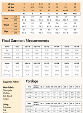 Size guide and fabric recommendations for the Daisy Maxi Dress Sewing Pattern, including measurements and suggested materials like chiffon and silk.