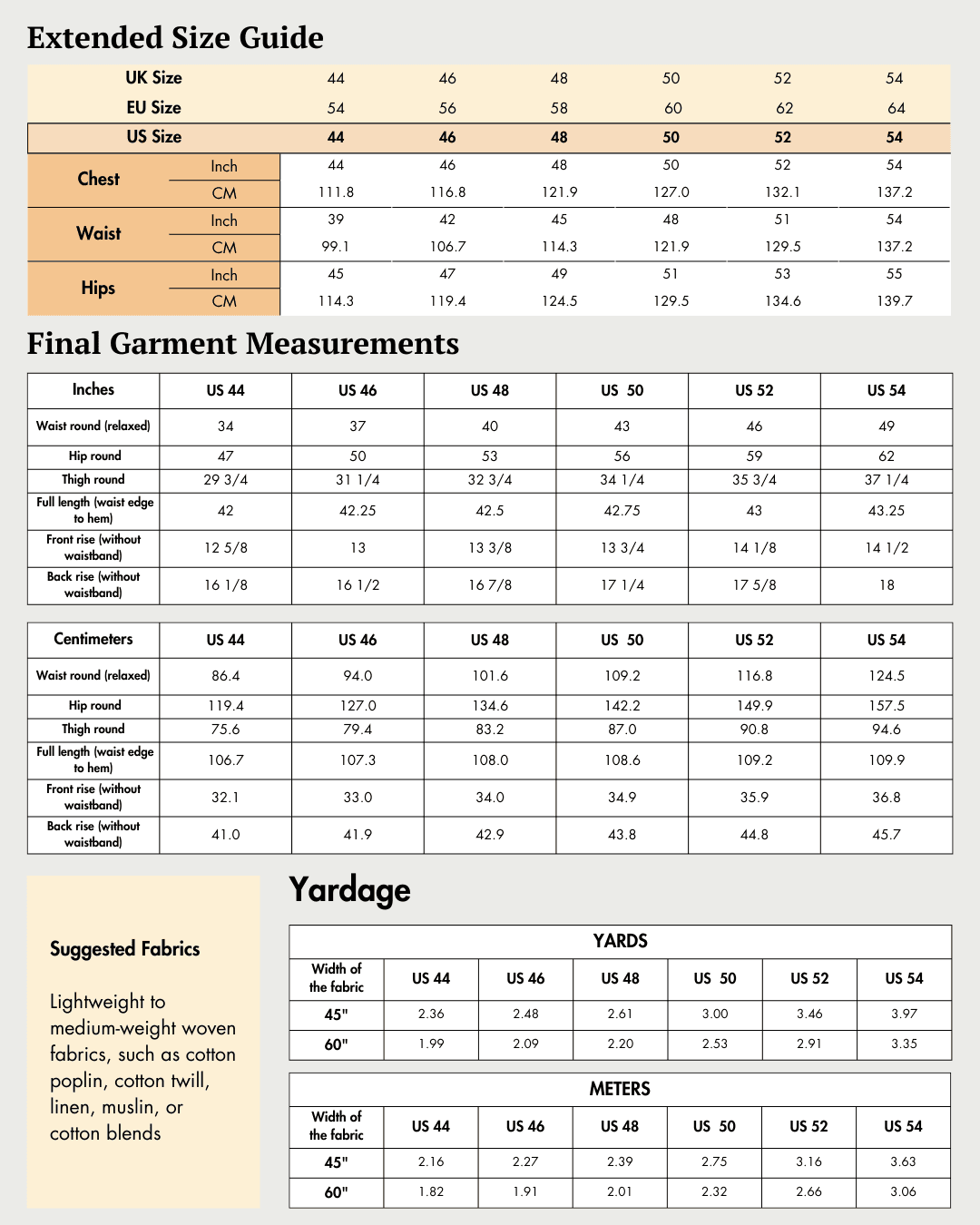 Extended size guide for men's pajama pants sewing pattern 'Dan' with measurements in inches and centimeters