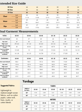 Extended size guide and fabric yardage chart for Men's Lounge Pajama Pants Sewing Pattern 'Dan' covering US sizes 44-54 with fabric suggestions.