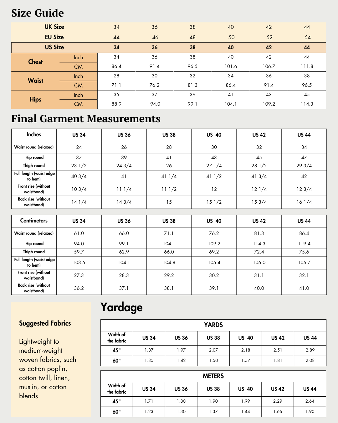 Size guide and fabric yardage chart for Men's Lounge Pajama Pants Sewing Pattern 'Dan' covering US sizes 34-42 with fabric suggestions.